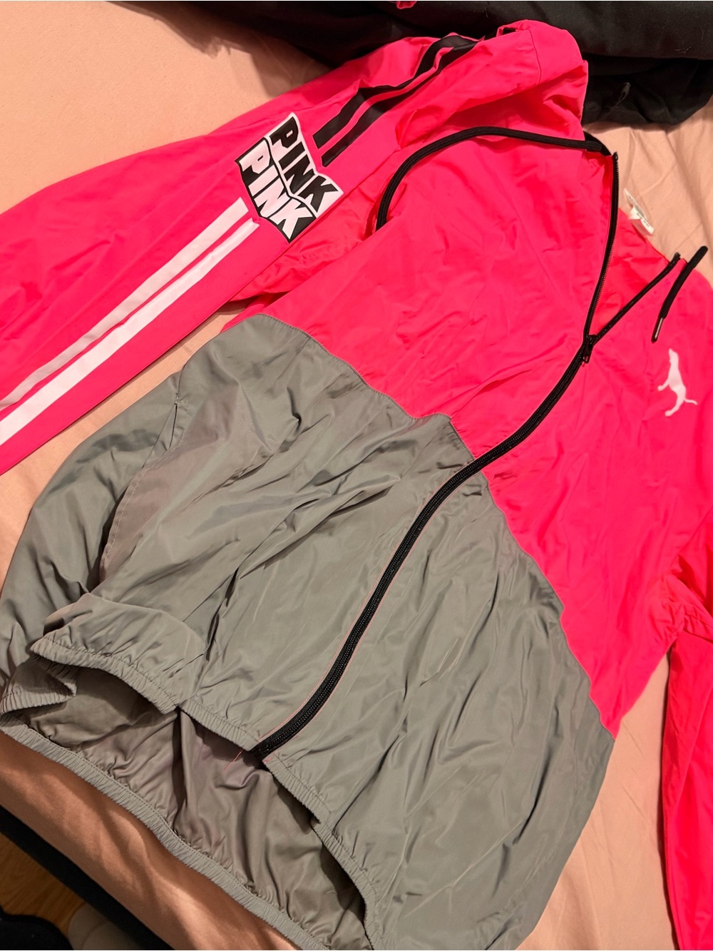 PINK Victoria's Secret Hot Pink & Gray Colorblock Bomber Jacket